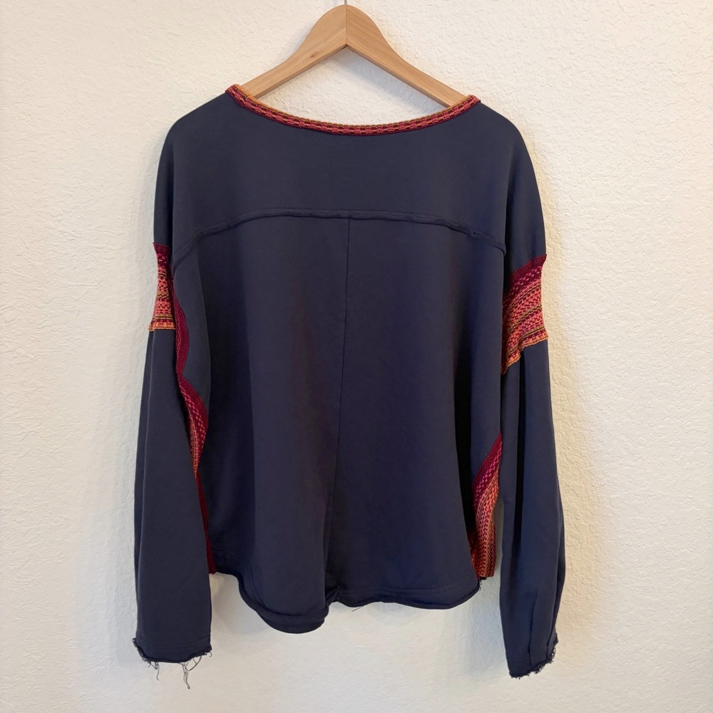 Natural Life Knit Trim Sweatshirt L/XL Boho Raw Edge Oversized Casual Navy Red - Picture 8 of 11